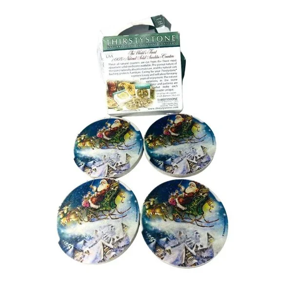 Thirsty Stone Set of 4 Natural Sandstone & Cork Santa Christmas Coasters - Picture 10 of 13